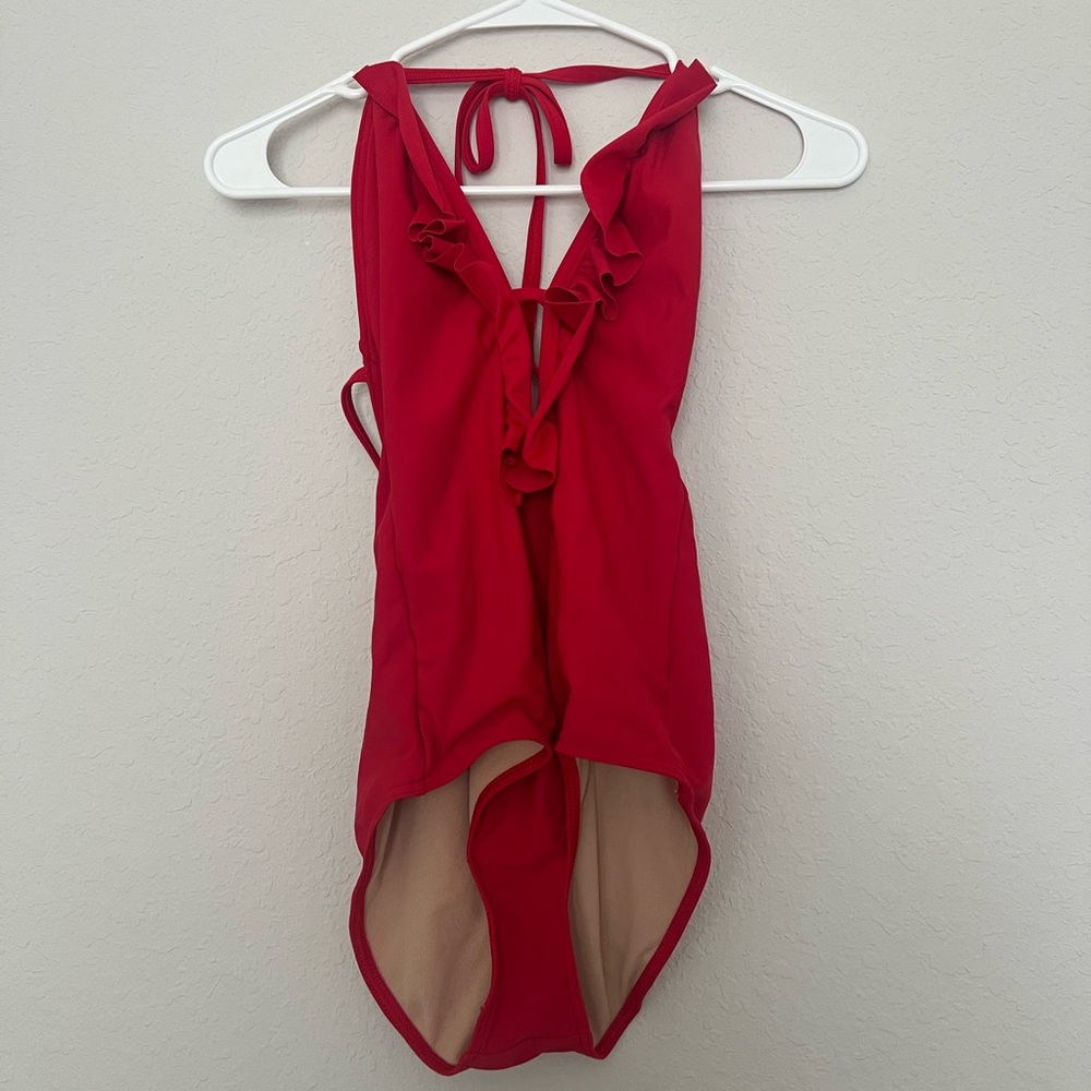 ๐ Red Ruffle Deep V One Piece Swimsuit - Picture 2 of 5